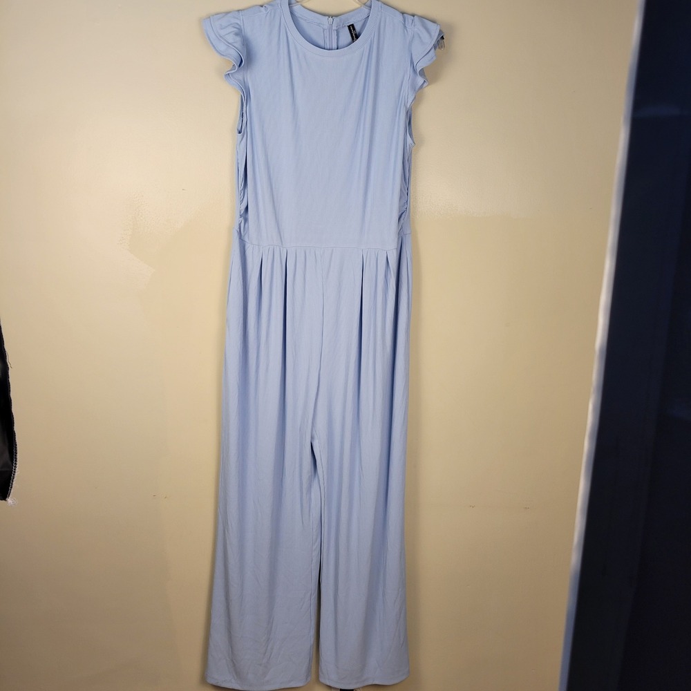 PrettyGarden Light‎ Blue Ribbed Wide Leg Jumpsuit Ruffle Sleeve XXL Round Neck